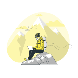Mann sitter med en bærbar datamaskin på et snødekket fjell, undersøker 'Lån til snøscooter' på nettet.