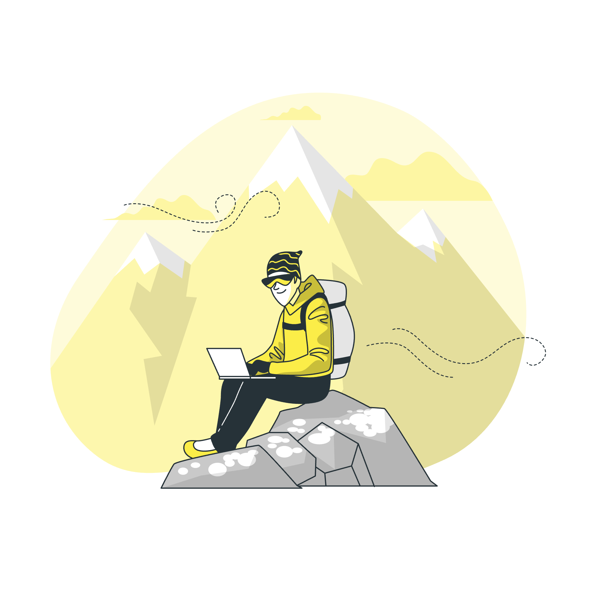 Mann sitter med en bærbar datamaskin på et snødekket fjell, undersøker 'Lån til snøscooter' på nettet.